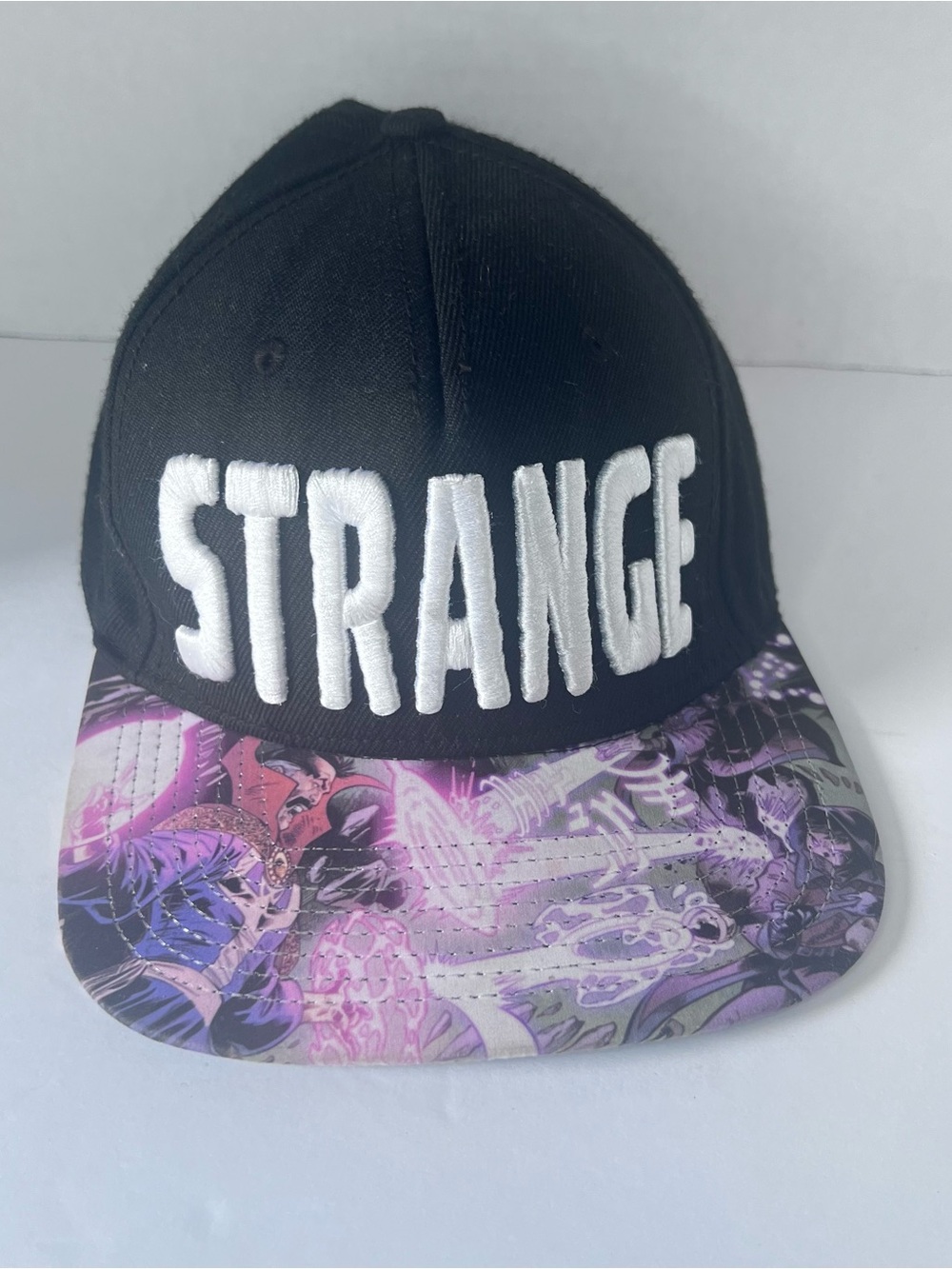 Marvel STRANGE Black Snapback Hat with Purple Graphic Brim